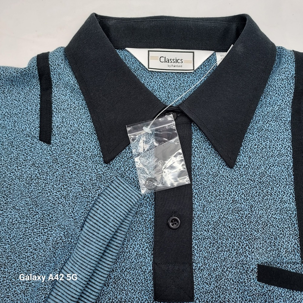 Classics by Palmland Mens XL Blue Black Knit Colorblock Short Sleeve Polo Shirt